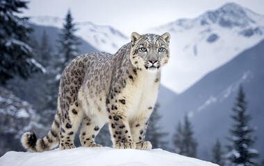 Fototapeta premium snow leopard in snow scape 