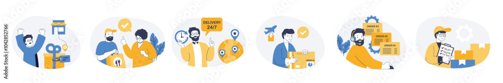 Aufkleber Delivery concept set with characters in flat design for web. People receiving parcel box from courier, ordering express shipping, using air shipment with global logistic company. Vector illustrations.