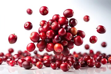 levitating cranberries on white isolated background reflected