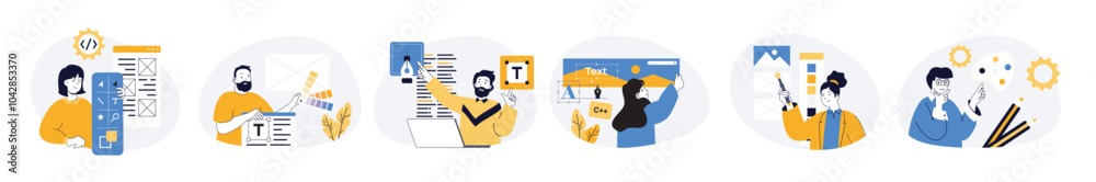 Poster Design development concept set with characters in flat design for web. People prototyping and coding layouts, selecting colour palettes, placing content, creating graphics. Vector illustrations.