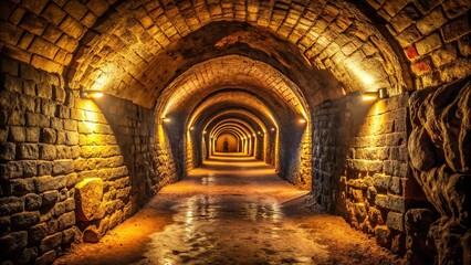 Close-up view of an illuminated underground catacomb tunnel.