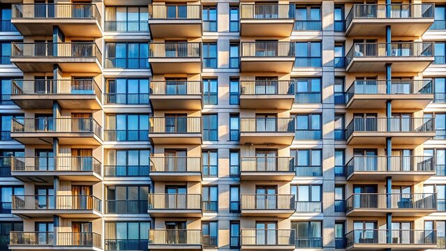 Extreme close-up of a tall building with many windows and a balcony.