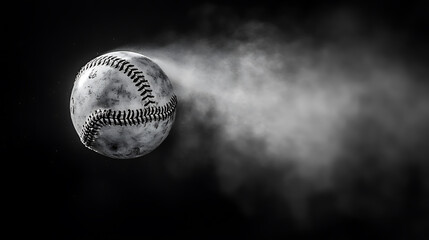 Dynamic baseball soaring through a smoky backdrop