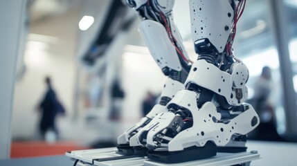 An extreme close-up of the bio-inspired proprioception sensors and adaptive walking algorithms of a humanoid walking assistive robot in a robotics biomechanics lab, Robotics style, photo of