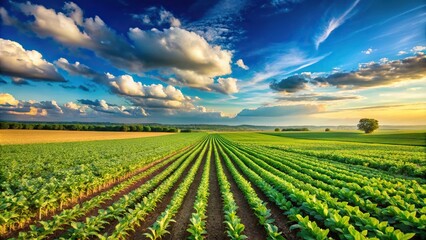Close-up view of crops growing in foreground with fields in background, blue sky and clouds in Yorkshire Wolds Low Angle