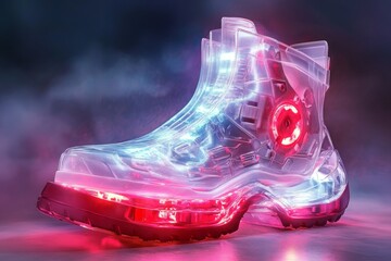 Fototapeta premium futuristic shoe made of translucent plastic, glowing with red and white lights on dark background 