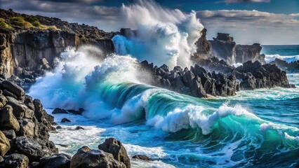 Fototapeta premium Extreme close-up of waves breaking against dark lava rocks on the North coast of Gran Canaria, Canary Islands