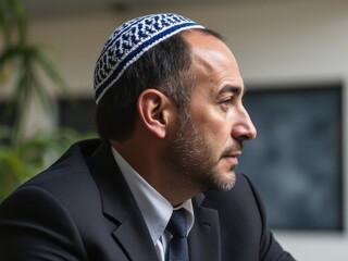 Profile view of a man in a business suit wearing a blue and white crocheted kippah, representing traditional Jewish attire and modern professional lifestyle