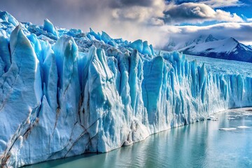 Close-up view of the immense wall of ice at the edge of Perito Moreno glacier