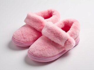 Pair of bright pink plush slippers featuring a soft Velcro strap and a warm, fuzzy lining, set against a clean white background