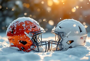 ZAGREB , CROATIA - January 1ST 2016 - Denver Broncos NFL club helmet in the snow and ice , product shot
