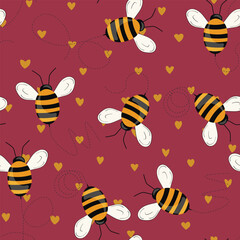 Seamless pattern with bees on color background. Small wasp. Vector illustration. Adorable cartoon character. Template design for invitation, cards, textile, fabric. Doodle style