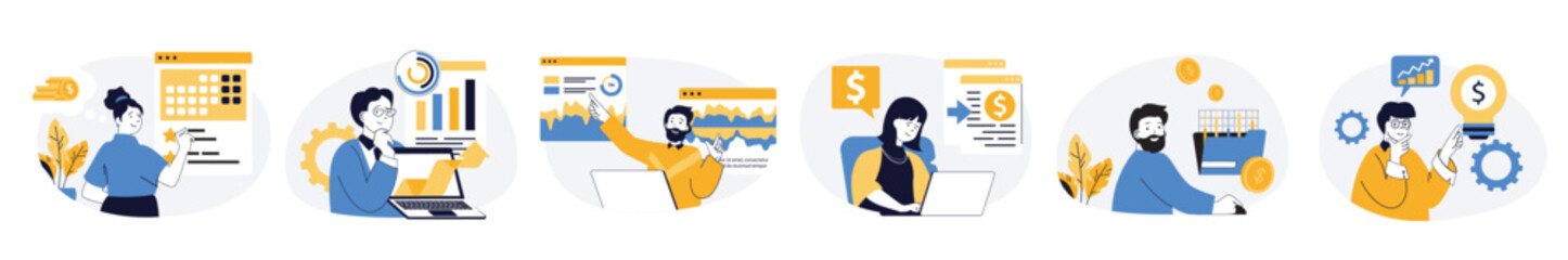 Digital business concept set with characters in flat design for web. People creating content plan, analyzing promotion strategy, using marketing tools for attracting customers. Vector illustrations.