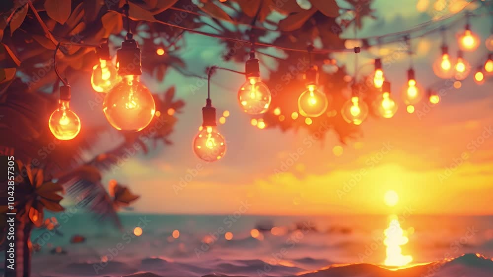 Poster hanging light bulbs illuminate the ocean at sunset, creating a captivating display of lights and col