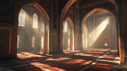 Obraz premium A mosqueas prayer hall with intricate Islamic patterns on the walls, soft carpets spread out, and sunlight streaming through arched windows.