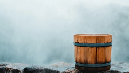 Naklejka premium Wooden barrel on rocky surface with misty background, serene and calming atmosphere.