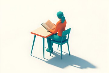 Fototapeta premium Focused Student Studying on Desk with Book in Minimalist 3D