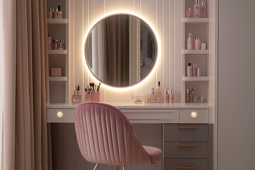 Modern makeup vanity with a round illuminated mirror and a pink velvet chair - obrazy, fototapety, plakaty
