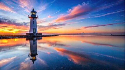 Fototapeta premium Lighthouse at dawn with large sky reflection on water