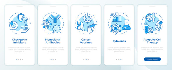 Fototapeta premium Immunotherapy types blue onboarding mobile app screen. Walkthrough 5 steps editable graphic instructions with linear concepts. UI, UX, GUI template. Montserrat SemiBold, Regular fonts used