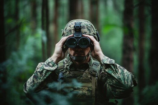 Soldier in camouflage holding binoculars while conducting reconnaissance in a forest