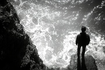 Obraz premium A Solitary Figure Stands on a Rocky Outcrop Above Crashing Waves