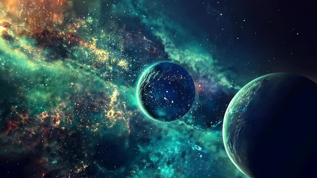  deep space with planet light glowing at horizon and cosmic cloud floating around