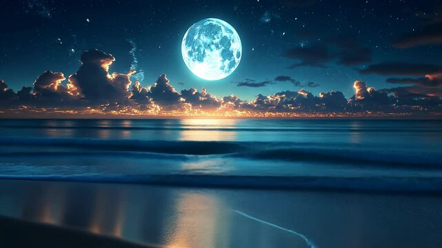 wave crashing shore under full moon sky, gold light contrast with blue water	
