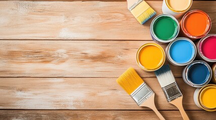 Vibrant colored paint cans on the floor next to a wall with brush strokes, showing the process of...