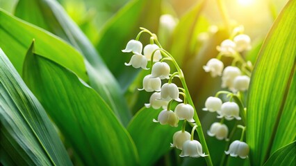Obraz premium Lilly of the valley bellflowers blooming in the spring garden