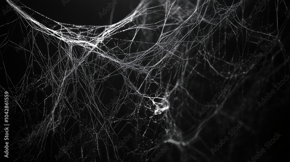 Poster intricate spider web patterns, delicate threads against dark background