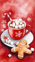 Fototapeta premium Set of Cookies with chocolate chip and Gingerbread,glass of milk,christmas elements,watercolor clipart,sweet holiday card,Christmas menu,morning,season greeting,xmas and New Year.