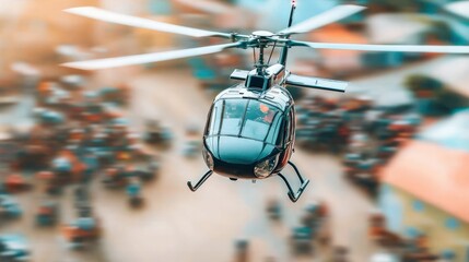 Dynamic Aerial View of a Helicopter Hovering Over a Busy Urban Scene