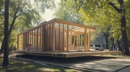 Fototapeta premium New home framework with prefabricated elements stacked nearby, ready for assembly.