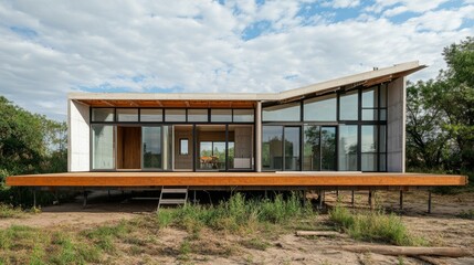 Partially completed house with prefabricated roof sections ready to be assembled.