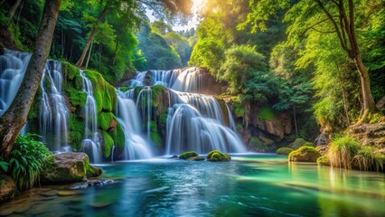 Fototapeta premium Extreme close-up of serene flows in captivating natural landscapes with waterfalls, rivers, and streams in the heart of the forest