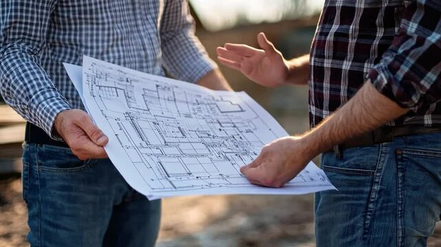 Engineer and architect reviewing construction drawings on site