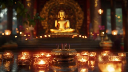 Fototapeta premium A serene image of a Buddhist temple hall, with a golden Buddha statue in the background, surrounded by candles and incense, creating a tranquil setting.