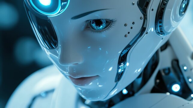 An extreme close-up of the expressive facial features and emotional responsiveness of a humanoid therapy robot in a therapeutic robotics lab, Robotics style, photo of