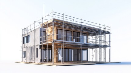 Obraz premium Residential house build using prefabricated modules, with scaffolding around the structure
