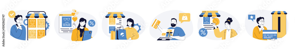 Fototapete mobile commerce concept set with characters in flat design for web. people making online order in in