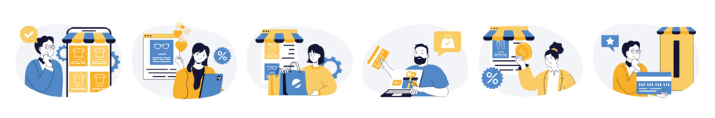 Mobile commerce concept set with characters in flat design for web. People making online order in internet store, doing purchases with discount prices and safe paying in app. Vector illustrations.