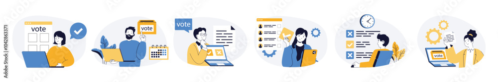 Fototapete online voting concept set with characters in flat design for web. people thinking and making politic