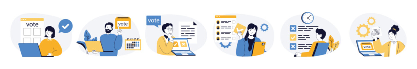 Online voting concept set with characters in flat design for web. People thinking and making political decisions, analyzing candidate ratings, filling election list with ticks. Vector illustrations.