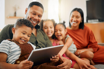 Tablet, streaming and app with family on sofa for love, online game and happiness together. Relax,...