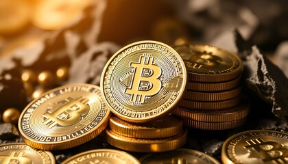 Bitcoin Coins on Golden-Dark Background