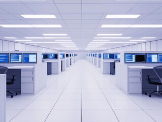 Obraz premium Modern Workspace Design Sleek Office Environment with High-Tech Workstations and Bright Lighting