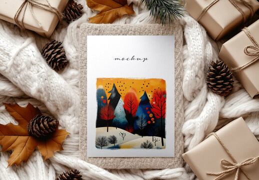 Festive Greeting Card Mockup &ndash; Cozy Holiday Scene with Pine Cones, Gift Boxes, and Autumn Leaves for Seasonal Design Display