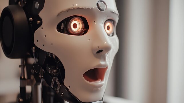An extreme close-up of the facial expression simulation and emotional responsiveness of a humanoid companion robot in a robotics psychology research center, Robotics style, photo of