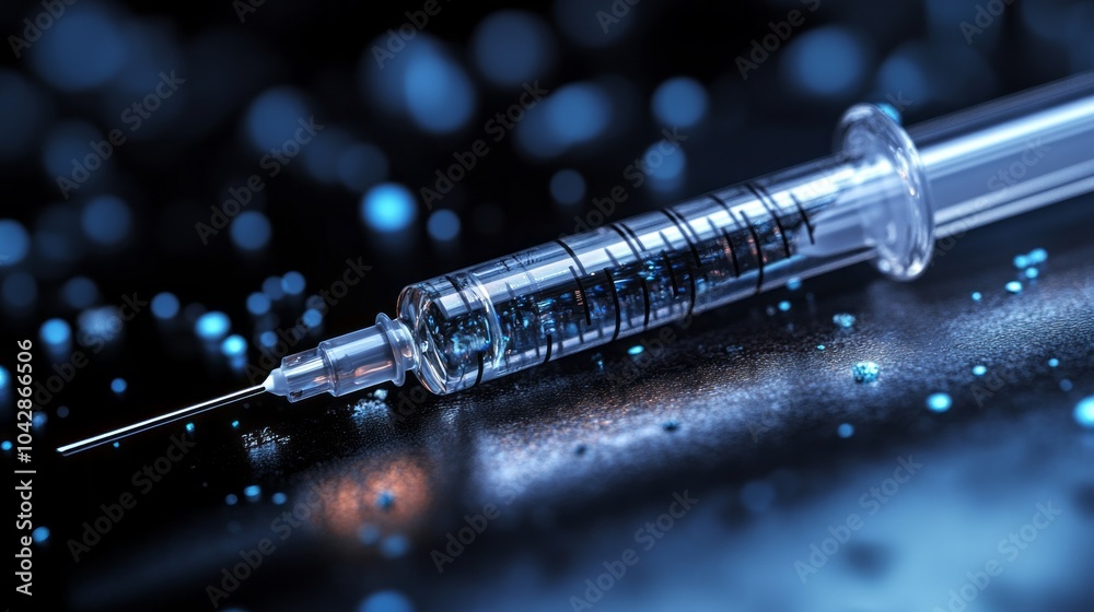 Poster a syringe is on a dark surface with a blue background
